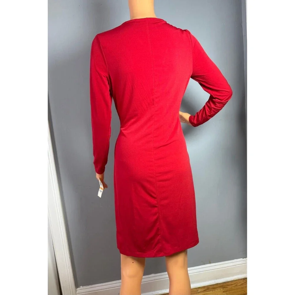 Charter Club Petite Red Faux Wrap Dress Gold Buckle NWT PS Small Long Sleeve. - Picture 2 of 6